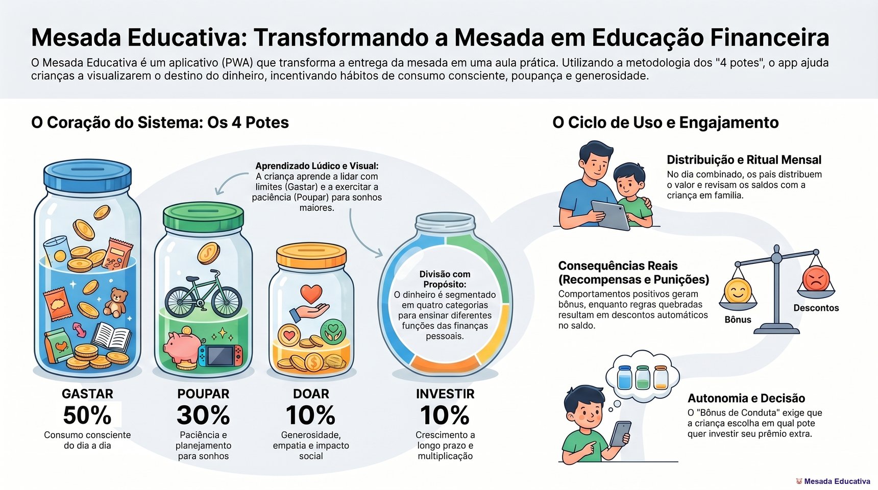 Infográfico explicando o sistema dos 4 potes do Mesada Educativa